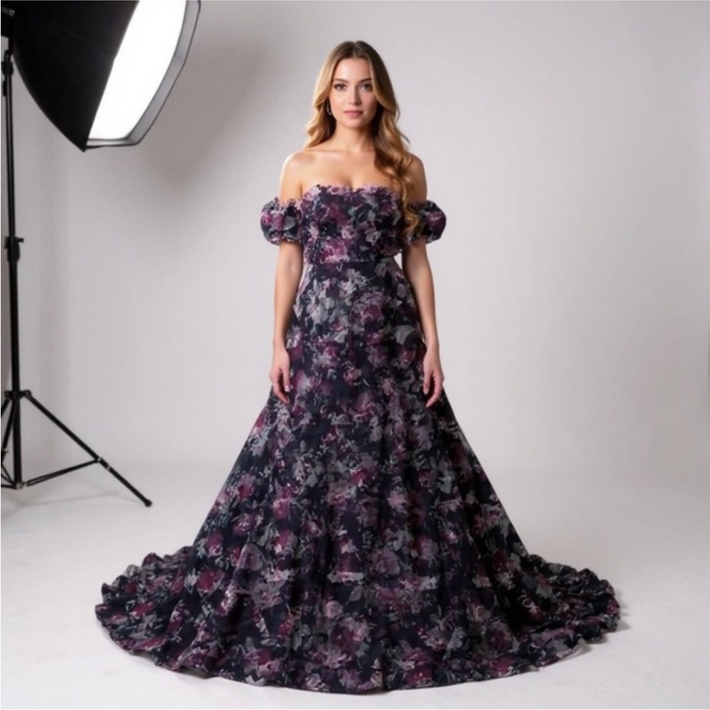 JOVANI 40331 | Off the Shoulder Floral Navy Gown | Ruffles | Women’s 6 - Picture 2 of 11